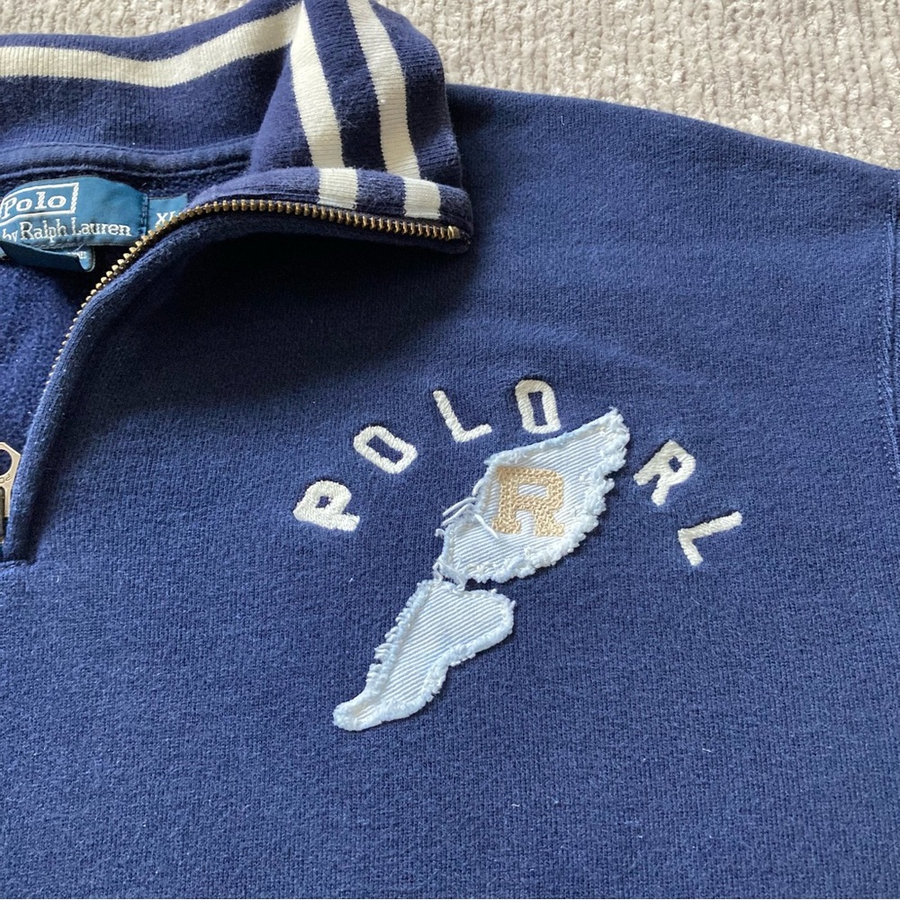 Vtg 90s Polo Ralph Lauren RL P-Wing Stadium‎ Quarter Zip Sweatshirt XL Rare Navy - Picture 3 of 9